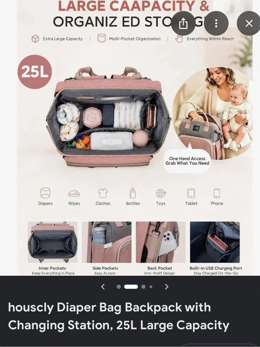 25L Diaper Bag Backpack in Dusty Pink - Organized Baby Travel Bag